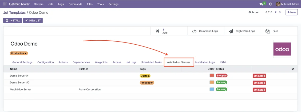 Servers installed on (from template)
