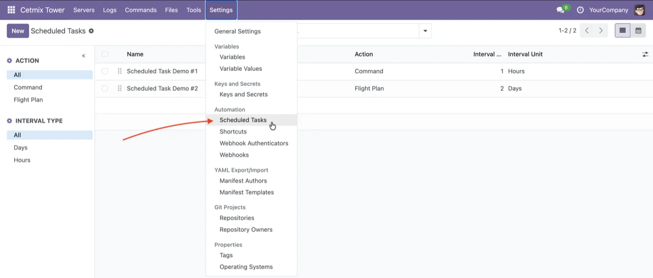 Scheduled tasks list