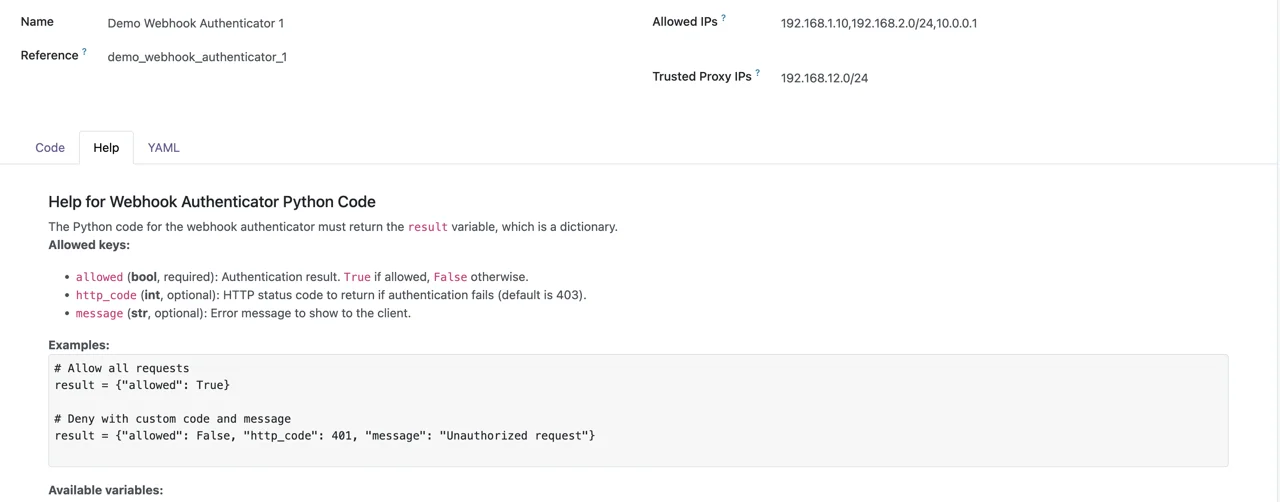Webhook Authenticator form – Help tab
