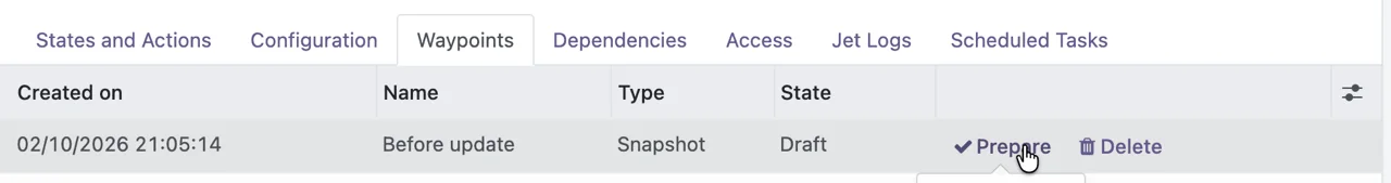 Prepare button on a draft waypoint