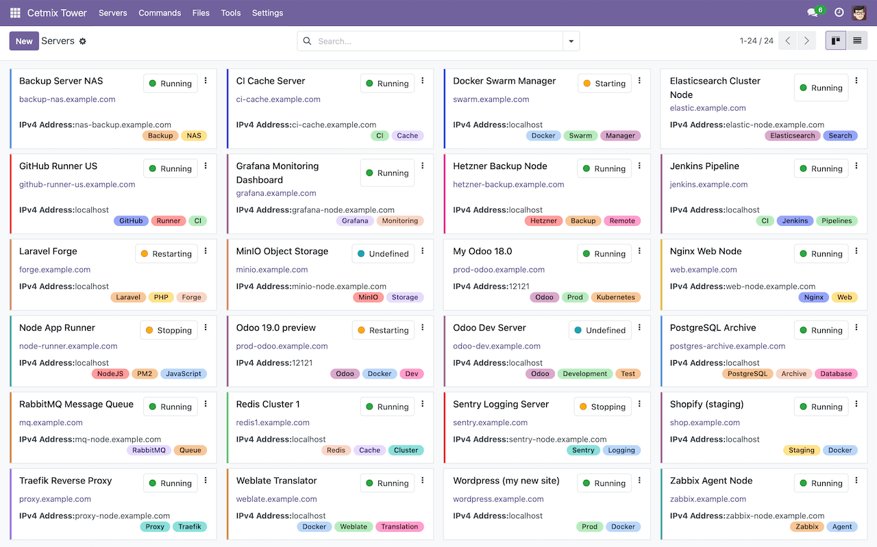 Cetmix Tower Server kanban view with various servers